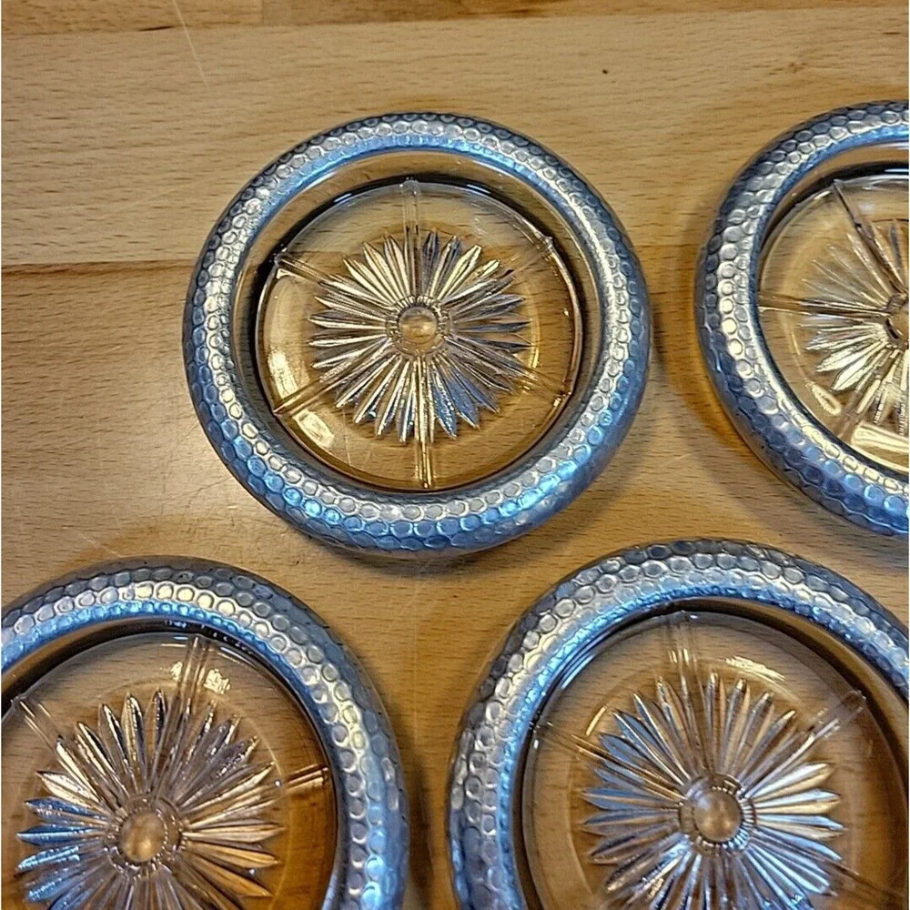 Vintage Coasters Glass Star Starburst Pattern w/ Hammered Aluminum Trim set of 5